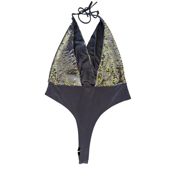 Silver Sequin Halter Bodysuit Size Large Sexy Glam Bling Y2K Club Stripper Disco - Picture 2 of 5